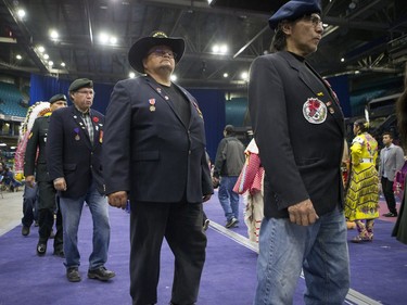 Veterans take part in the opening ceremonies during the Federation of Saskatchewan Indian Nations (FSIN) Cultural Celebration and Pow Wow at SaskTel Centre in Saskatoon, November 15, 2015.
