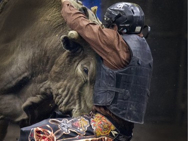 Jordan Lloyd Carlier was bucked off and then pushed around by Jaw Breaker the bull on a rather short ride at the PBR Canadian Finals Bull Riding at SaskTel Centre in Saskatoon, November 20, 2015. Carlier was uninjured in the face to face battle.