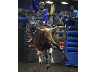 Brock Radford had a complete ride on the bull Pop & Drop at the PBR Canadian Finals Bull Riding at SaskTel Centre in Saskatoon, November 20, 2015.