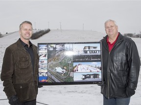 Rob Letts, left, and Joe Van't Hof pose for a photograph at Diefenbaker Park. The two sit on a committee that is spearheading construction of the Deifenbaker winter park, expected to open next year.