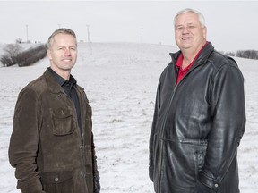 Rob Letts, left, and Joe Van't Hof pose for a photograph at Diefenbaker Park. The two sit on a committee that is spearheading construction of the Deifenbaker winter park, expected to open next year.