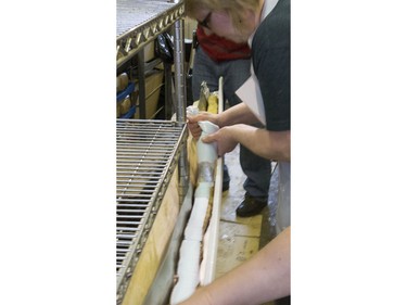 Icing and coloured sprinkles cover the top of the 19-foot long john that was cooked in this eavestrough at Nestor's Bakery where students of the Community Learner's High School are attempting to make the world's longest long john donut, November 24, 2015. It measured in at just over 19' 1 1/2" long.