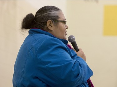 Idle No More co-founder Nina Wilson,e speaks during a march and rally for the climate called Saskatoon2Paris, November 29, 2015.