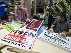 Participants and staff at Cosmopolitan Industries work on recycling election signs in Saskatoon October 25, 2012, following the last municipal election.