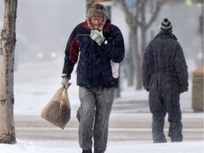 SASKATOON,SK--FEBRUARY 02/2015--It was a day of bundling up from the cold and wind for people making their way downtown in Saskatoon, Monday, March 02, 2015  (GREG PENDER/STAR PHOENIX)