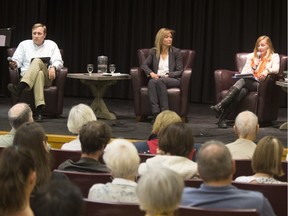 Conservative candidate Brad Trost,  Liberal Cynthia Block, NDP candidate Claire Card and Green Party Mark Bigland-Pritchard, who was filling in for an absent Valerie Harvey, at a debate at St. Thomas More College among the Saskatoon-University riding candidates,  Friday, September 18, 2015.