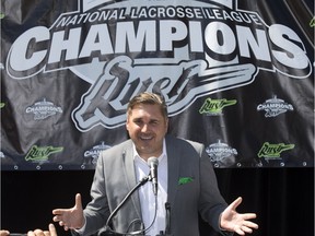 Edmonton Rush owner  Bruce Urban announces the move of the National Lacrosse League Champions to Saskatoon, Tuesday, July 21, 2015 in a news conference in Saskatoon.