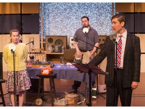 Jenna Berenbaum, Grahame Kent and Devin Wesnoski, in photo call scene from Live Five Independent Theatre production of  Dr. Frightful presents:  DEAD AIR, Tuesday, November 17, 2015. (GREG PENDER/ SASKATOON STARPHOENIX)