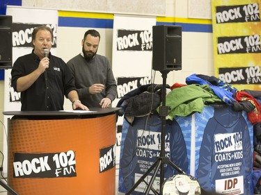 Radio personalities Shack and Watson speak at a news conference at St. Michael School for Coats for Kids, November 19, 2015. Hundreds of coats and warm winter accessories were collected through the Rock 102 Coats for Kids Campaign this year.