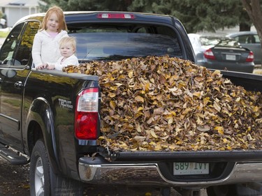 One-year-old Ella Bartsch and sister three-year-old Kaitlyn Bartsch were helping mom and dad Krista and Nathan Bartsch clean up the leaves on Grosvenor Avenue, October 5, 2015.