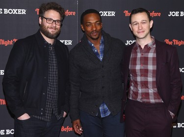 L-R: Actors Seth Rogen, Anthony Mackie and Joseph Gordon-Levitt attend a special screening of "The Night Before" at the Landmark Sunshine Theatre, November 16, 2015, in New York.