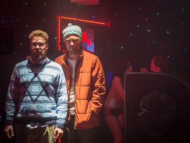 Seth Rogen as Isaac (L) and Michael Shannon as Mr. Green in Columbia Pictures' "The Night Before."