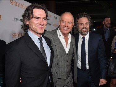 L-R: Actors Billy Crudup, Michael Keaton and Mark Ruffalo attend a special screening of Open Road Films' "Spotlight" at The DGA Theatre on November 3, 2015 in Los Angeles, California.