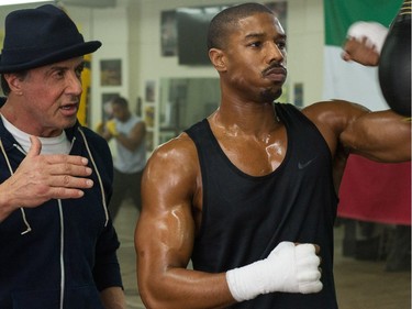 Michael B. Jordan as Adonis Johnson (R) and Sylvester Stallone as Rocky Balboa in Metro-Goldwyn-Mayer Pictures', Warner Bros. Pictures' and New Line Cinema's drama "Creed," a Warner Bros. Pictures release.
