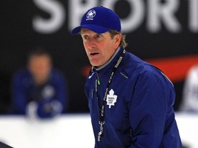 Head coach Mike Babcock runs the team through drills during a practice as part of the Toronto Maple Leafs' training camp at the BMO Centre in Halifax, N.S., on Sunday, Sept. 20, 2015.