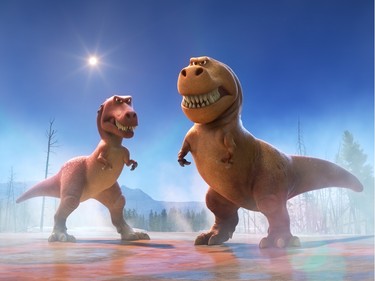 Ramsey, voiced by Anna Paquin (L)  and Nash, voiced by A.J. Buckley, in "The Good Dinosaur."