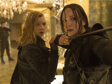 Natalie Dormer as Cressida (L) and Jennifer Lawrence as Katniss Everdeen in "The Hunger Games: Mockingjay - Part 2."