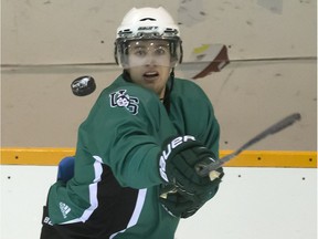 University of Saskatchewan Huskies hockey player Levi Cable, seen here during practice, scored the game winner in a 4-3 win over the University of Manitoba Bisons Saturday.