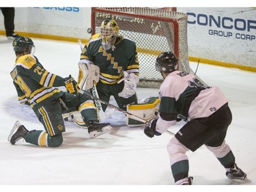 The University of Saskatchewan Huskies face off against the University of Alberta Golden Bears in the Canada West men's hockey finals.