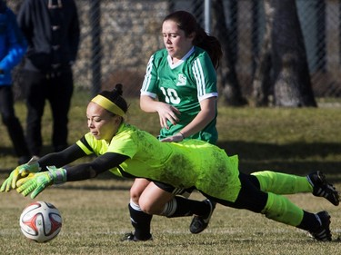 University of Saskatchewan Huskies midfielder Kelly Cerkowniak can't get to the ball before University of Calgary Dinos goalkeeper Samantha Chang-Foidl makes the save during the second half of CIS women's soccer playoff action, November 8, 2015.