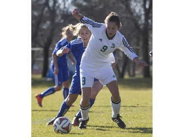 University of Saskatchewan Huskies' Julianne Labach moves the ball the ball against the University of Lethbridge Pronghorns in CIS Women's Soccer playoff action, October 31, 2015.