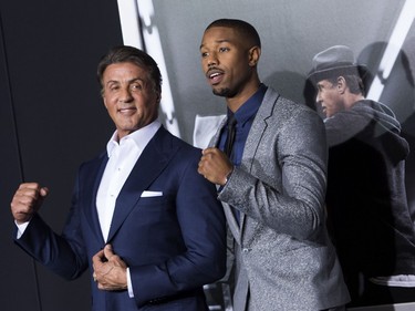 Actor/producer Sylvester Stallone (L) and actor Michael B. Jordan attend the Los Angeles world premiere of New Line Cinema's and Metro-Goldwyn-Mayer "Creed" in Westwood, California, November 19, 2015.
