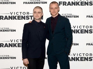 Actors Daniel Radcliffe (L) and James McAvoy attend the New York premiere of "Victor Frankenstein" at Chelsea Bow Tie Cinemas on November 10, 2015 in New York City.