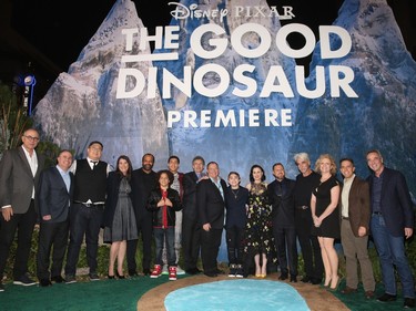 Cast and crew members attend the world premiere of Disney-Pixar's "The Good Dinosaur" at the El Capitan Theatre on November 17, 2015 in Hollywood, California.