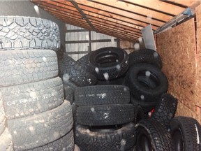 A Saskatoon police photo filed in court shows some of the stolen tires recovered on a rural property near Saskatoon in January 2015.