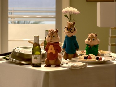 L-R: Alvin, Simon and Theodore enjoy room service during their road trip in "Alvin and the Chipmunks: The Road Chip."