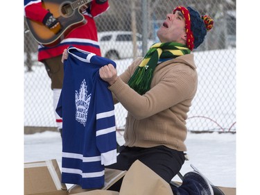 Winterlude is a free three-day festival outdoor celebration of the season with its focal point being a performance of the Canadian classic "The Hockey Sweater." Actor Gaelan Beatty with his sweater, December 2, 2015.