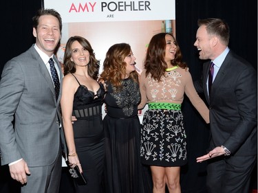 L-R: Ike Barinholtz, Tina Fey, Amy Poehler, Maya Rudolph and director Jason Moore attend the premiere of "Sisters" at the Ziegfeld Theatre in New York, December 8, 2015.