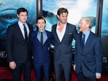 L-R: Benjamin Walker, Tom Holland, Chris Hemsworth and Ron Howard attend the "In the Heart of The Sea" premiere at Frederick P. Rose Hall, Jazz at Lincoln Centre on December 7, 2015 in New York City.