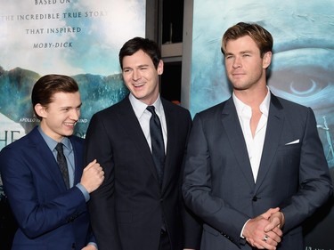 L-R: Tom Holland, Benjamin Walker and Chris Hemsworth attend the "In the Heart of The Sea" premiere at Frederick P. Rose Hall, Jazz at Lincoln Centre on December 7, 2015 in New York City.