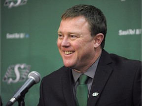 The new head coach and general manager of the Saskatchewan Roughriders Chris Jones speaks during a press conference at Mosaic Stadium in Regina on Monday December 7, 2015. Jones recently led the Edmonton Eskimos to a Grey Cup victory.