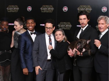 L-R: Lupita Nyong'o, Daisy Ridley, John Boyega, J.J. Abrams, Carrie Fischer, Adam Driver and Harrison Ford arrive at the European premiere of "Star Wars: The Force Awakens" in London, England, December 16, 2015.