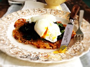 Poached Eggs with Lemony Kale and Crispy Hash Browns.