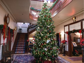Christmas decorations at Government House in the main hall area,  including a 16-foot-tall tree, in Regina.