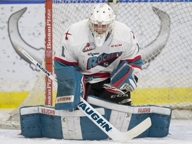 Kelowna Rockets goalie Jackson Whistle stops a shot from the Saskatoon Blades during first period WHL action, December 19, 2015.