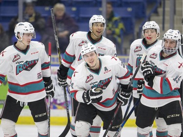 The Kelowna Rockets celebrate their second goal against the Saskatoon Blades during first period WHL action, December 19, 2015.