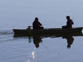 Two outdoor enthusiasts engaging in fly fishing.