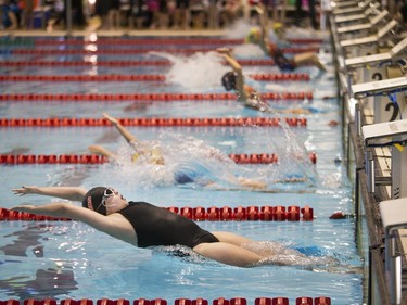 Swimmers compete in the Goldfins Santa Invite swim meet at the Shaw Centre on December 5, 2015.