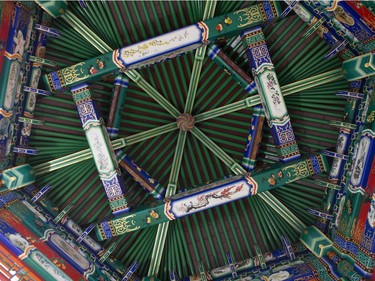 Details of the roof of the Zhongshan Ting during the unveiling of the new Chinese Ting artwork event in Victoria Park, December 12, 2015.