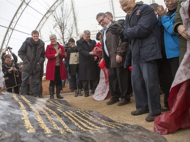 Dignitaries remove a cover from a plaque during the unveiling of the new Chinese Ting artwork event in Victoria Park, December 12, 2015.
