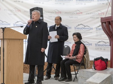 General Wang Xingping, from the Consulate General of the People's Republic of China in Calgary, speaks during the unveiling of the new Chinese Ting artwork event in Victoria Park, December 12, 2015.