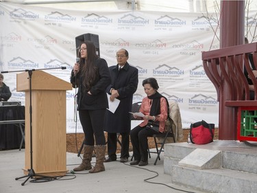 Heddi Gravelle, Director of the White Buffalo Youth Lodge, speaks during the unveiling of the new Chinese Ting artwork event in Victoria Park, December 12, 2015.