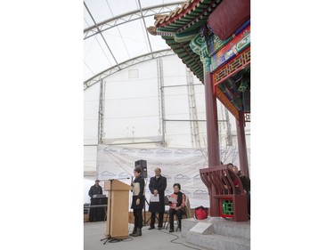 Member of Parliament for Carlton Trail-Eagle Creek Kelly Block speaks during the unveiling of the new Chinese Ting artwork event in Victoria Park, December 12, 2015.