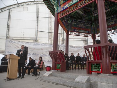 Saskatoon mayor Don Atchison speaks during the unveiling of the new Chinese Ting artwork event in Victoria Park, December 12, 2015.