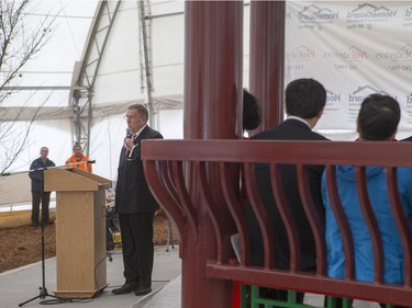 Saskatoon mayor Don Atchison speaks during the unveiling of the new Chinese Ting artwork event in Victoria Park, December 12, 2015.