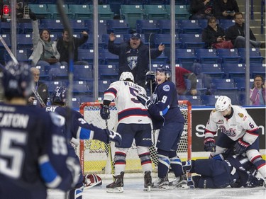 Saskatoon Blades forward Cameron Hebig celebrates a game-tying goal against the Regina Pats during third period WHL action, December 13, 2015.